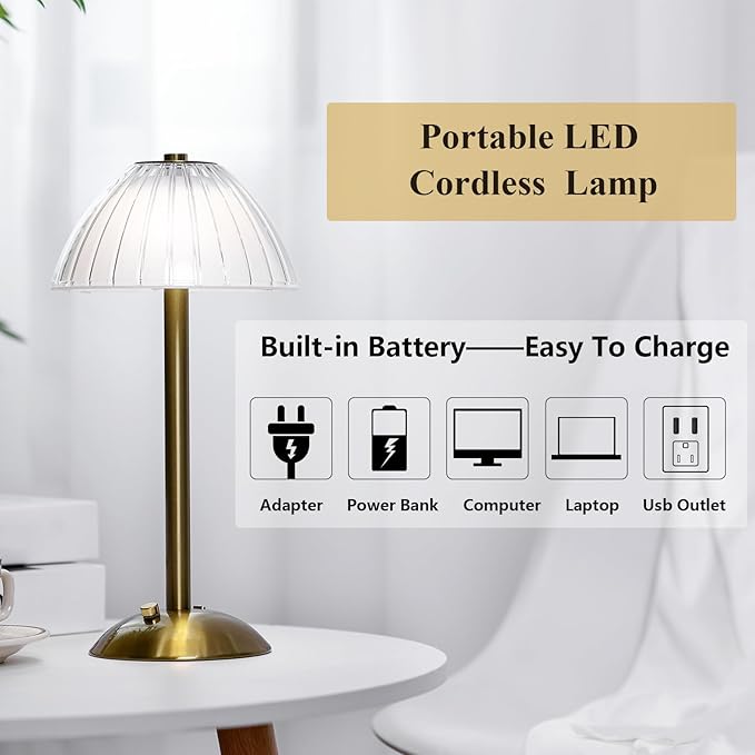 Liliful 6 Pcs LED Portable Cordless Table Lamp Touch Battery Operated Rechargeable Gold Desk Lamp 3 Color Dimmable for Bedroom Living Room Dining (Gold,Mushroom Style)