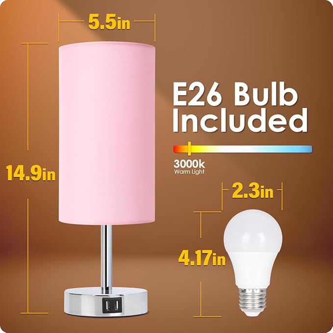 Yarra-Decor Bedside Lamp with USB Port - Touch Control Table Lamp for Bedroom 3 Way Dimmable Nightstand Lamp with Round Pink Fabric Shade for Living Room, Dorm, Home Office (LED Bulb Included)