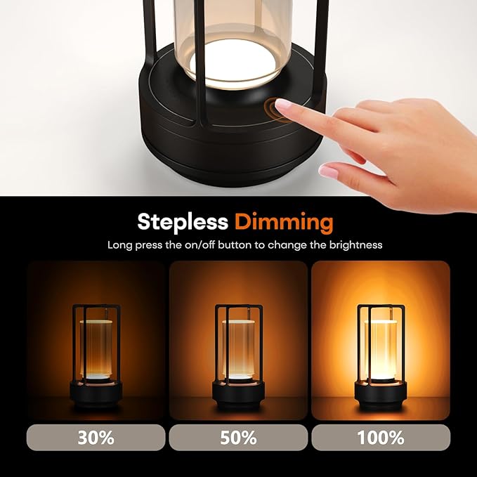 Portable Outdoor Table Lamp, Cordless Dimmable Touch Table Light, Rechargeable Battery Operated Small Lamp with 3 Colors and Brightness Control for Bedroom/Patio/Camping/Bar/Coffee Shop (Black)