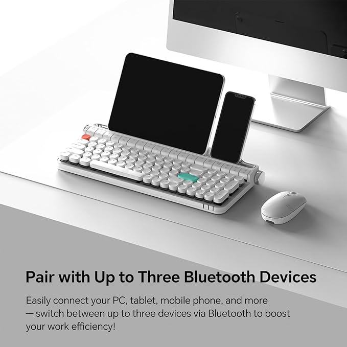 Retro Typewriter Mechanical Keyboard with Tablet Stand, 100 Keys LED Backlit, ABS+PBT Keycaps, Wired/Bluetooth, Blue Switch, Compatible with Windows/Mac/iOS/Android (White)
