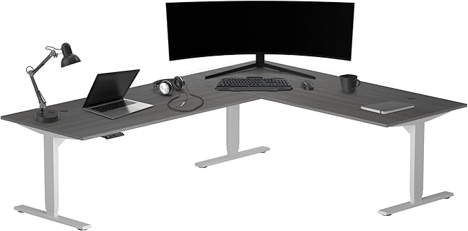 Progressive Desk Stand Up Height Adjustable Standing Desk - L Shaped 85" x 72" Corner Computer Rising Workstation Electric Table - Gray Frame, Gray Oak Top