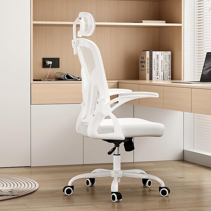 Farini Ergonomic Office Chair, Home Office Desk Chair with Headrest, High Back Computer Chair with Armrests and Adjustable Lumbar Support for Home Office Study Room, White & White