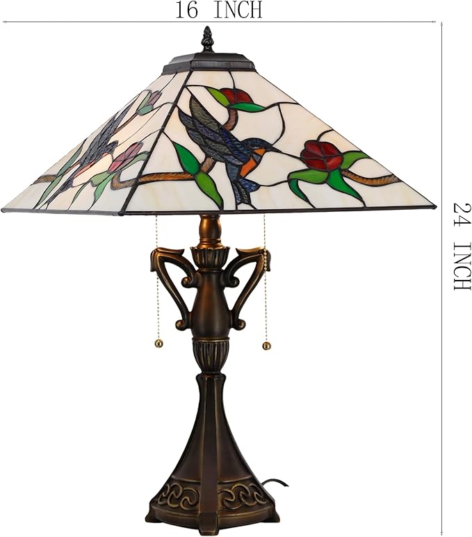 Tiffany Table Lamp Stained Glass Amber Hummingbird Square Geometric Mission Style Desk Reading Light 16X16X24 Inch for Bedroom Living Room Home Office