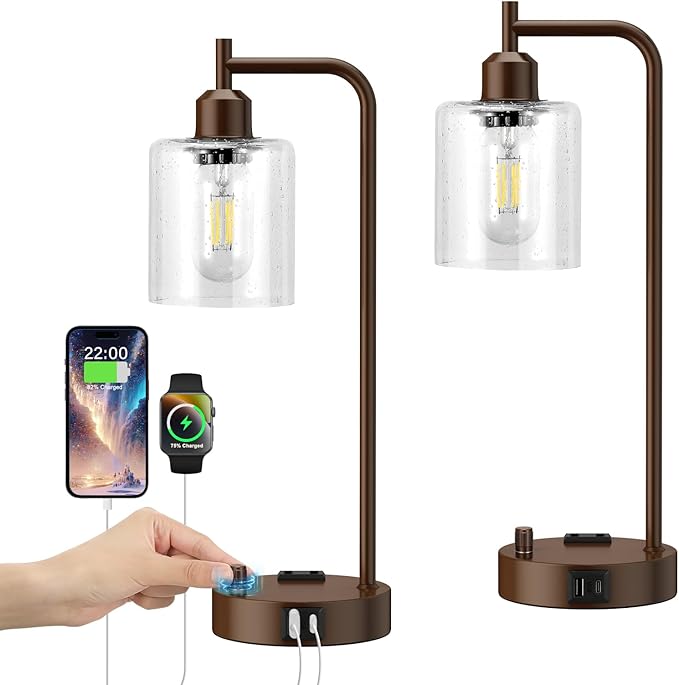 Innqoo Industrial Table Lamps for Bedrooms Set of 2 - Fully Dimmable Bedside Lamps with USB Ports and Outlet, Brown Nightstand Lamps with Glass Shade for Living Room, Desk Lamps for Office Reading