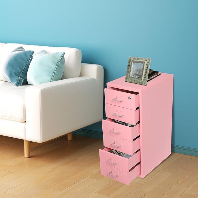 TFCFL Mobile File Cabinet 6 Drawer Vertical File Cabinet with Wheels Metal File Cabinet with Lock for Home Office, 11" D x 16" W x 27" H (Pink)