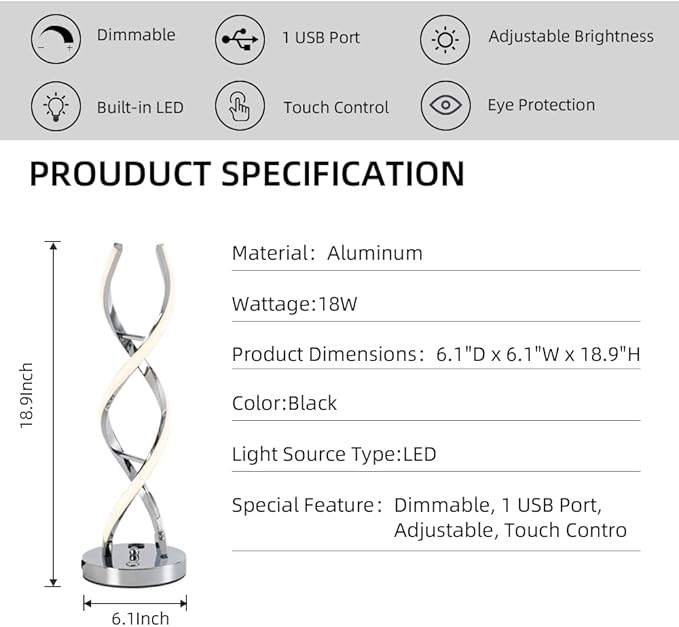 LED Modern Table Lamp, Stepless Dimmable Spiral Table Lamps for Bedroom, 3 Colors Touch Control Bedside Nightstand Lamp with 1 USB Charging Ports, Desk Lamps for Living Room Office (Silver)