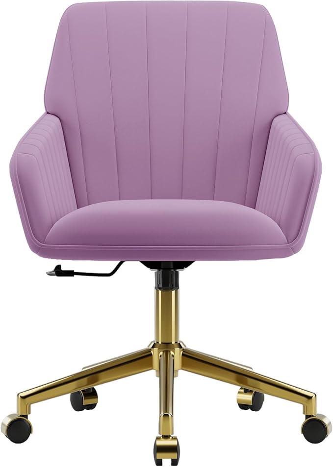 YISHENG Velvet Office Desk Chair with Gold Base, with Wheels,Modern Height Adjustable 360 Degree Swivel Upholstered Vanity Chairs with Arms for Living Room Bedroom,Purple