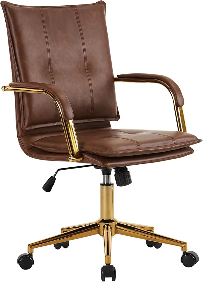 MOJAY Mid-Back Ergonomic Leather Office Desk Chair, Modern Upholstered Computer Chair, Executive Office Chair with Arms, Swivel Adjustable Rolling Chair with Gold Base (Brown)