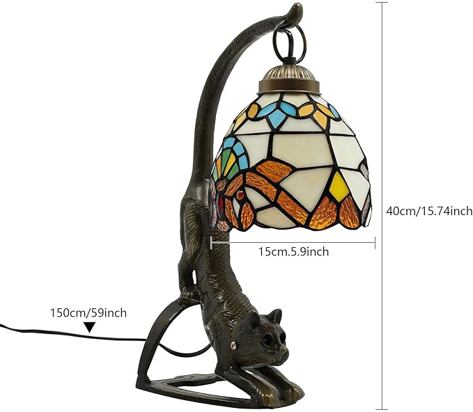 Tiffany Style Table Lamp, Stained Glass Bedside Nightstand Lamps with Cat Base, Vintage Antique Small Desk Light for Bedroom Living Room Home Office Reading Decoration, 5.9x15.74in (Style 1)
