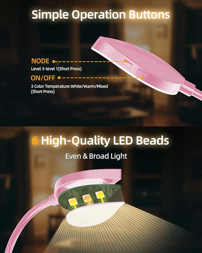 Rechargeable Book Lights for Reading at Night - Eye,3 Color Temperatures,3 Brightness Levels,Flexible Goose Neck Clip on Light,Reading Lights for Books in Bed with Power Indicator Bookworms (Pink)