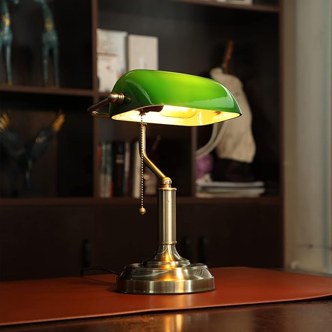 TORCHSTAR Green Glass Bankers Desk Lamp, UL Listed, Antique Desk Lamps with Brass Base, Traditional Library Lamp with Pull Chain, E26 Base, Vintage Desk Lamp for Office, Study Room