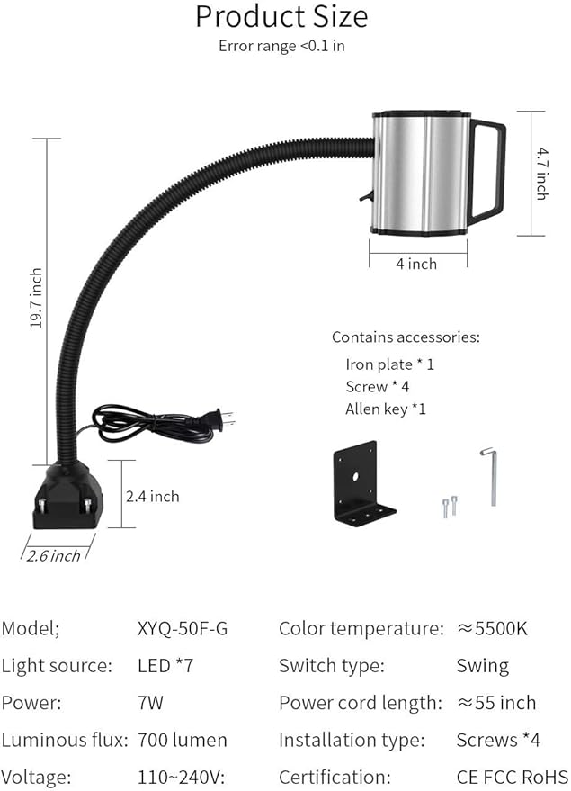 Work Desk Light, Machine Work Light, LED Flexible Gooseneck Light 700 Lumens IP66 Water and Dust Resistant 110-240 Volt Universal Fixed Base Work Light for Machine Tool and Lathe Industrial Lighting
