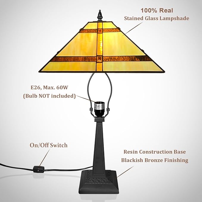 Tiffany Table Lamp,Amber Stained Glass Table Light,Antique Style Medium Size Desk Lamp Vintage Beside Reading Lamp for Living Room Bedroom Office