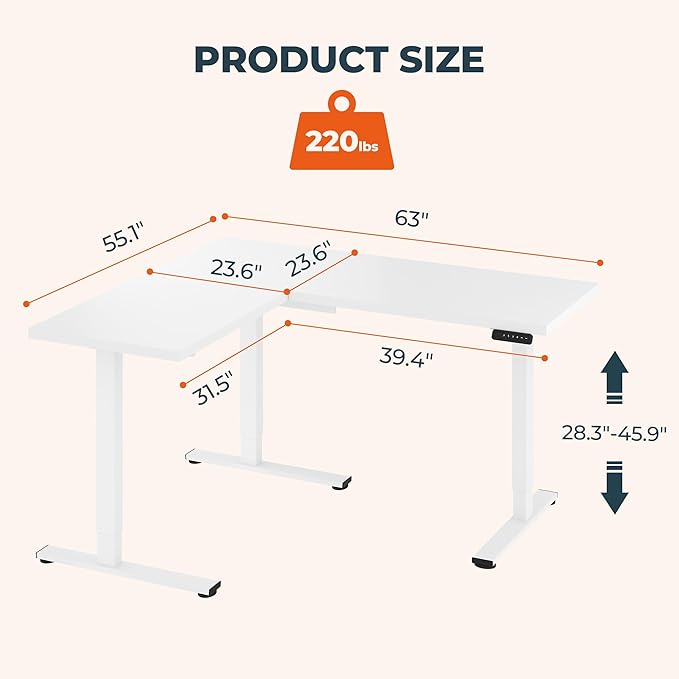 L-Shaped Standing Desk, 63 x 55 Inches Height Adjustable Desk, Sit and Stand up for Work Office Home, Ergonomic Rising Computer Table for Home Office with Splice Board, White