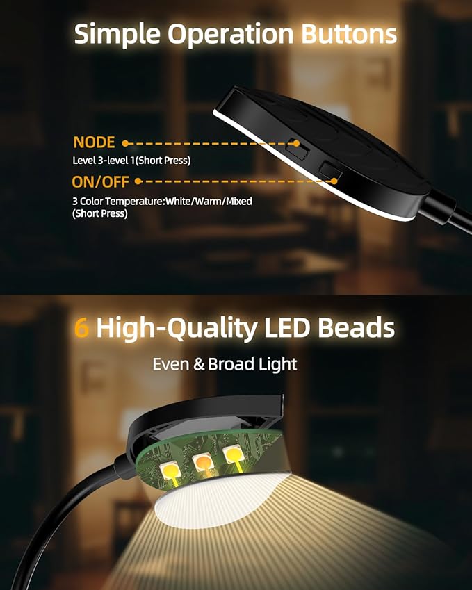 Rechargeable Book Lights for Reading at Night - Eye,3 Color Temperatures,3 Brightness Levels,Flexible Goose Neck Clip on Light,Reading Lights for Books in Bed with Power Indicator Bookworms (Black)