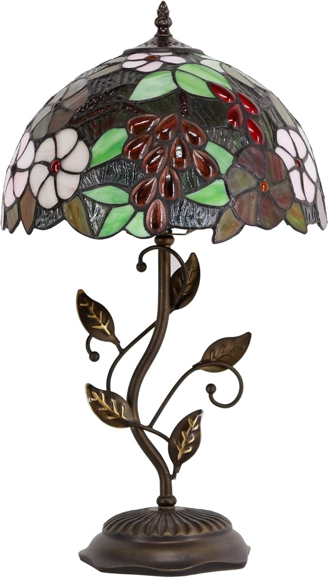 Tiffany Lamp Purple Grape Style Stained Glass Table Lamp Desk Bedside Reading Light 12X12X19 Inches with Metal Leaf Base Decor Bedroom Living Room