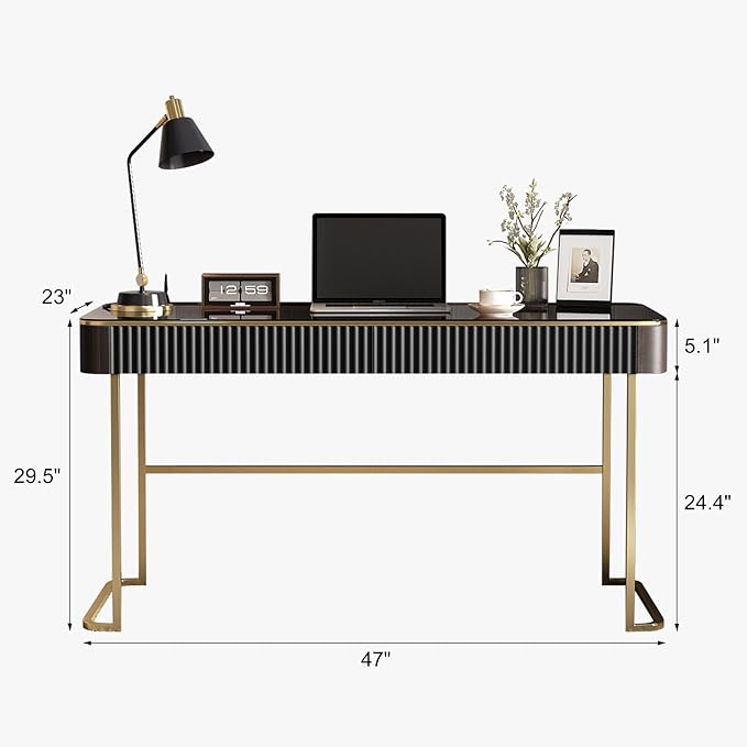 Lartis Modern Office Desk with Drawers,Glass Top Makeup Vanity Without Mirror Built-in USB Outlet Dressing Table Home Office Desk with Intelligent Socket,Very Easy to Assemble