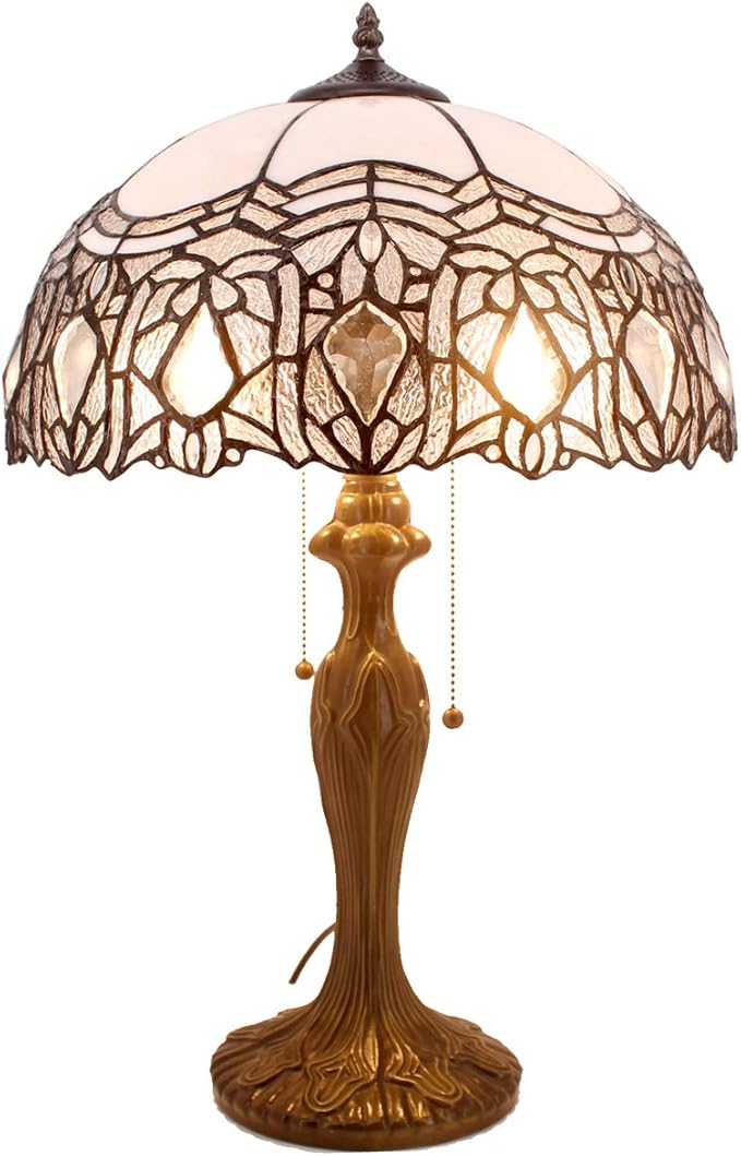 WERFACTORY Tiffany Style Table Lamp White Stained Glass Crystal Bedside Lamp 16X16X24 Inch Desk Reading Light Metal Base Decor Bedroom Living Room Home Office S508W Series