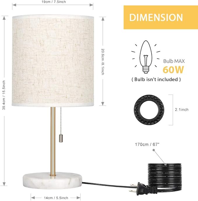 HAITRAL Bedside Table Lamp - Small Nightstand Lamp with Marble Base, Lamp for Bedroom, Office, Girls Room - Gold