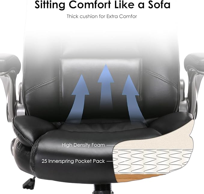 Leather Executive Office Chair - High Back Home Computer Desk Chair with Padded Flip-up Arms, Adjustable Tilt Lock, Swivel Rolling Ergonomic Chair for Adult Working Study, Black