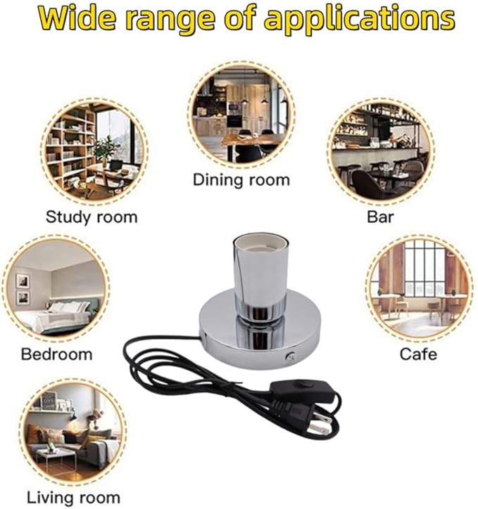Industrial Table Lamp Base,Small Polished Metal Desktop Light Sockets Base Only,Vintage E26/E27 Edison Screw Light Bulb Holder Base,with 6ft Cord Switch Plug Bulb Base Holder(Silver)