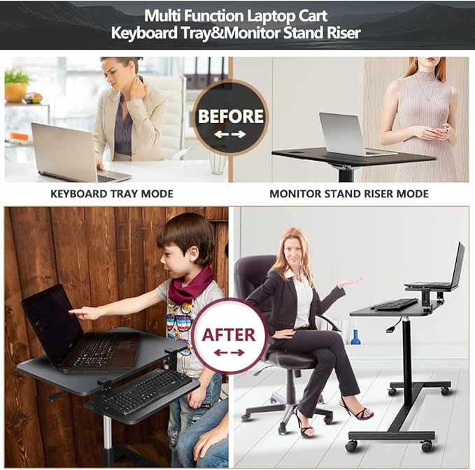 Mobile Standing Desk,Rolling Desk Adjustable Height,Laptop Cart on Wheels with Keyboard Tray&Monitor Stand Riser,Overbed Table for Home,Office,Podium (Black)