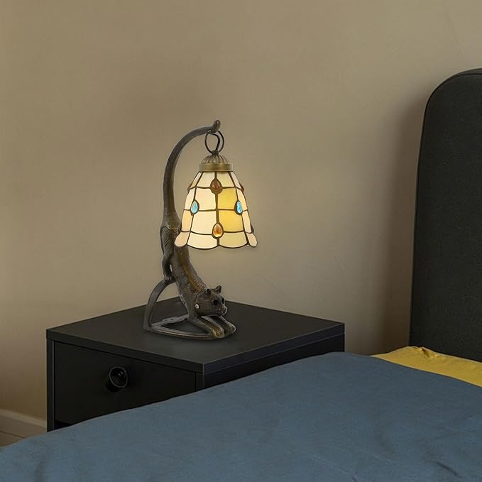 Tiffany Style Table Lamp, Stained Glass Bedside Nightstand Lamps with Cat Base, Vintage Antique Small Desk Light for Bedroom Living Room Home Office Reading Decoration, 5.9x15.74in (Style 2)
