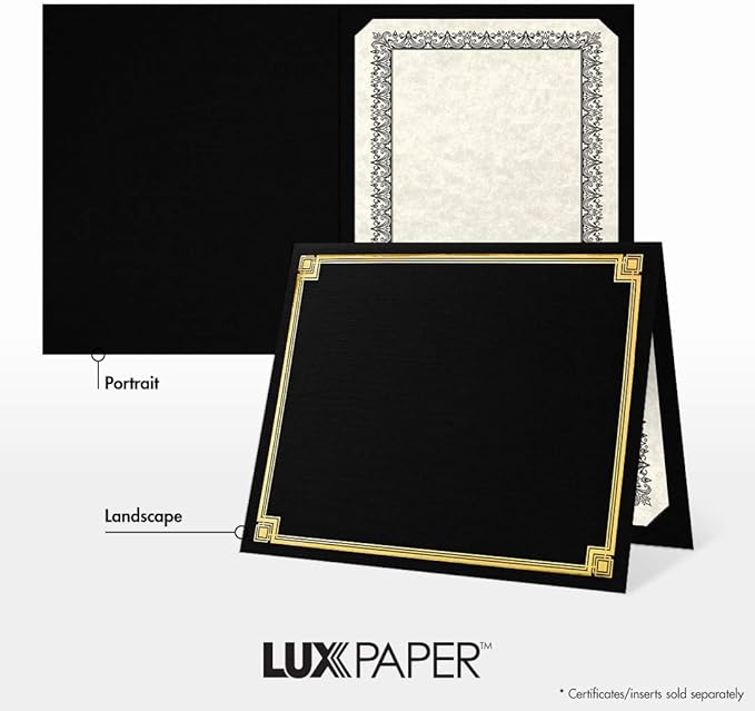 LUXPaper 9.5" x 12" Certificate Holders | Black Linen | Embossed Gold Foil Border | 100lb. Cover | 50 Qty