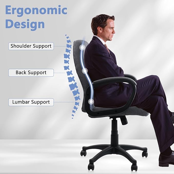 CLATINA Grey Cloth Breathable Fabric Office Desk Chair, Adjustable Height Mid Back Support Swivel Chairs Ergonomic with Arms and Wheels Comfortable Upholstered,300 LBS