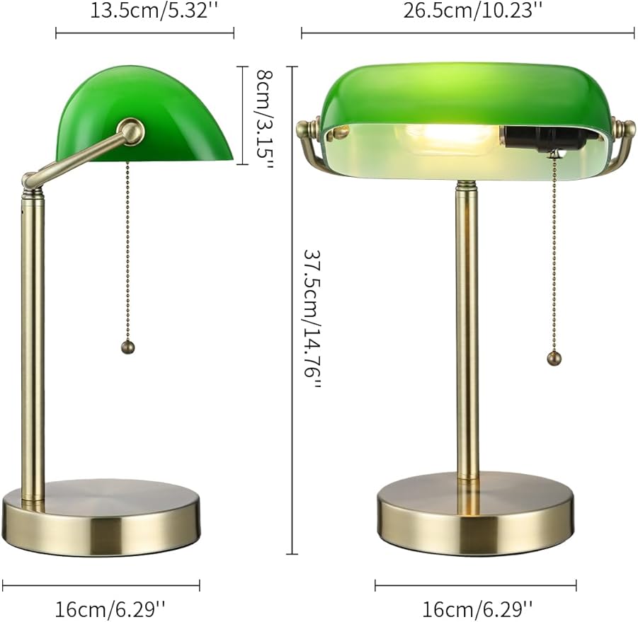 Newrays Traditional Green Glass Bankers Desk Lamp with Pull Chain Switch Plug in Fixture,LED Bulb Included