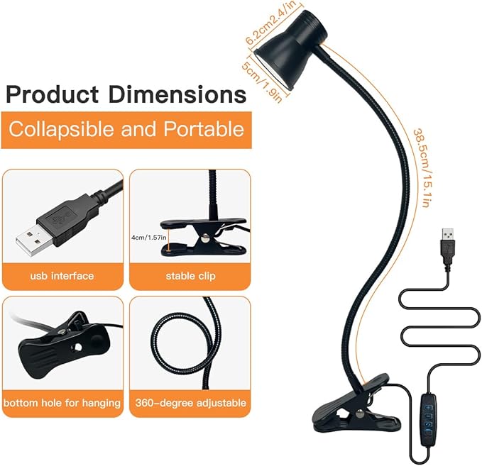 LUJOLUMIN Clip Desk Lamp, USB Reading Light, Flexible Neck Led Clamp Light with 3 Color Temperature Options, 10 Dimmable Brightness Levels for Working, Studying (8W)