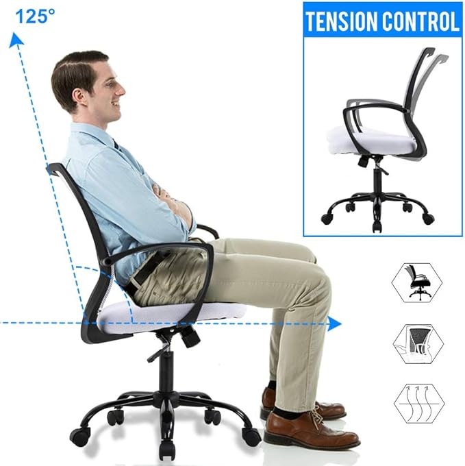 Mesh Office Chair Ergonomic Desk Chair Computer Chair with Lumbar Support Armrest Rolling Swivel Task Mid Back Adjustable Chair for Women Adults, White