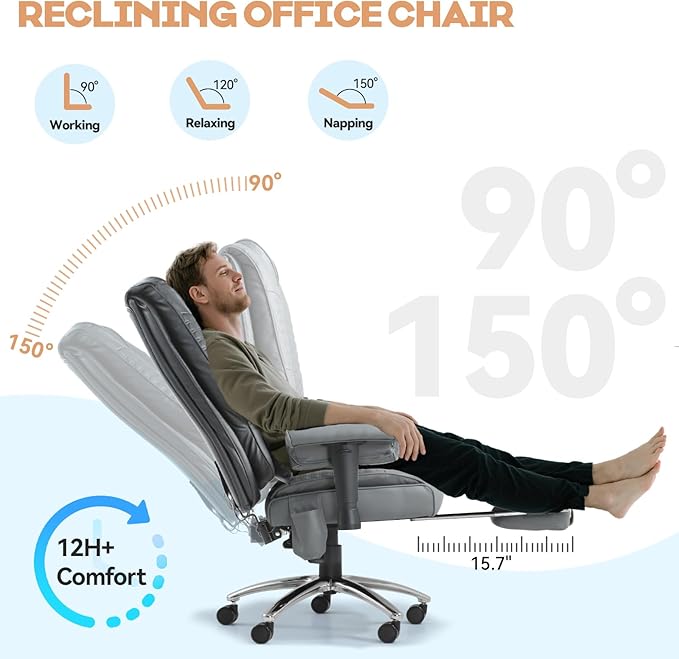 Massage & Heating Office Chair with Foot Rest, Ergonomic Executive Office Chair with Reclining Backrest, Adjustable Arms and Lumbar Support, High Back Leather Desk Chairs for Home Office, Gray