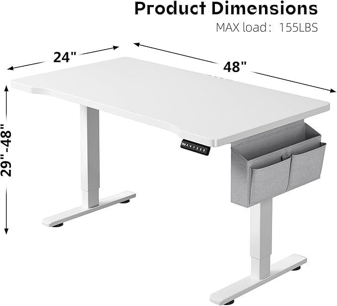 EnHomee 48 x 24 Inches Electric Standing Desk with Light Strip, Stand up Desk with Memory Preset, Height Adjustable Desks for Work Home Office, Computer Desks with Detachable Side Mount Pocket, White