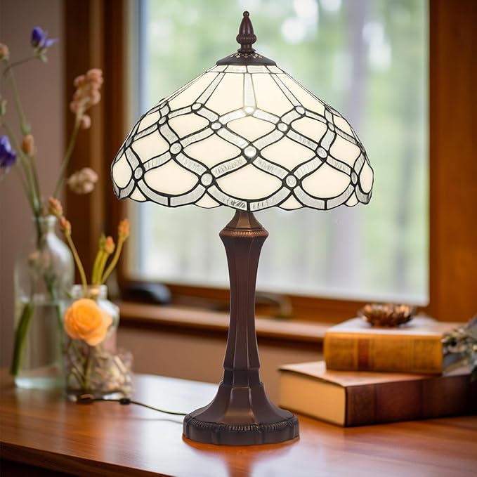 Tiffany Table Lamp,White Stained Glass Table Light,Antique Style Medium Size Desk Lamp Vintage Beside Reading Lamp for Living Room Bedroom Office