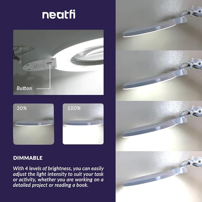 Neatfi XL Bifocal LED Magnifying Lamp, 7-Inch Acrylic Lens, 5D/20D Magnification, Hands-Free, Dimmable, 84 SMD LED, Adjustable Arm for Crafts, Reading, Close Work (White, CCT with Clamp)