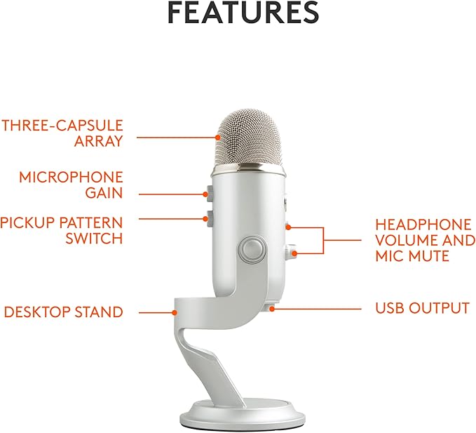 Logitech Creators Blue Yeti USB Microphone for Gaming, Streaming, Podcast, YouTube, Discord, PC, Studio Sound, Plug & Play-Silver