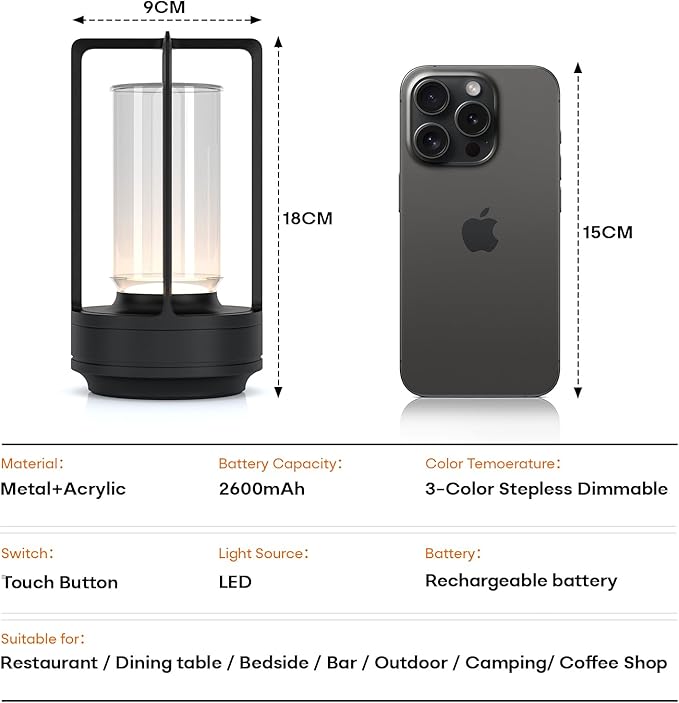 Portable Outdoor Table Lamp, Cordless Dimmable Touch Table Light, Rechargeable Battery Operated Small Lamp with 3 Colors and Brightness Control for Bedroom/Patio/Camping/Bar/Coffee Shop (Black)