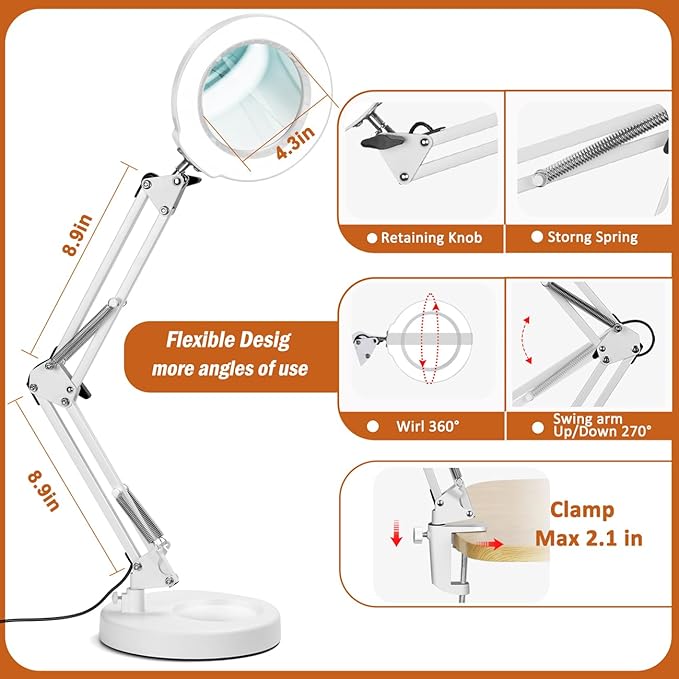 Veemagni 10X Magnifying Glass with Light, 5 Color Modes Stepless Dimmable 2-in-1 Desk Lamp and Clamp, LED Lighted Magnifier with Light and Stand, Hands Free for Craft Hobby Painting Close Work - White