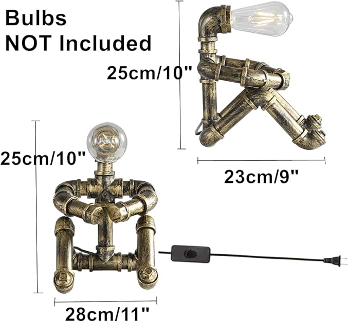 Water Pipe Table Lamp Robot Style- Retro Industrial Table Light- Antique Steampunk Metal Desk Lamp Bedside Lighting Fixture for Office, Reading Kids Room, Cafe Bar (Bronze-Style C)
