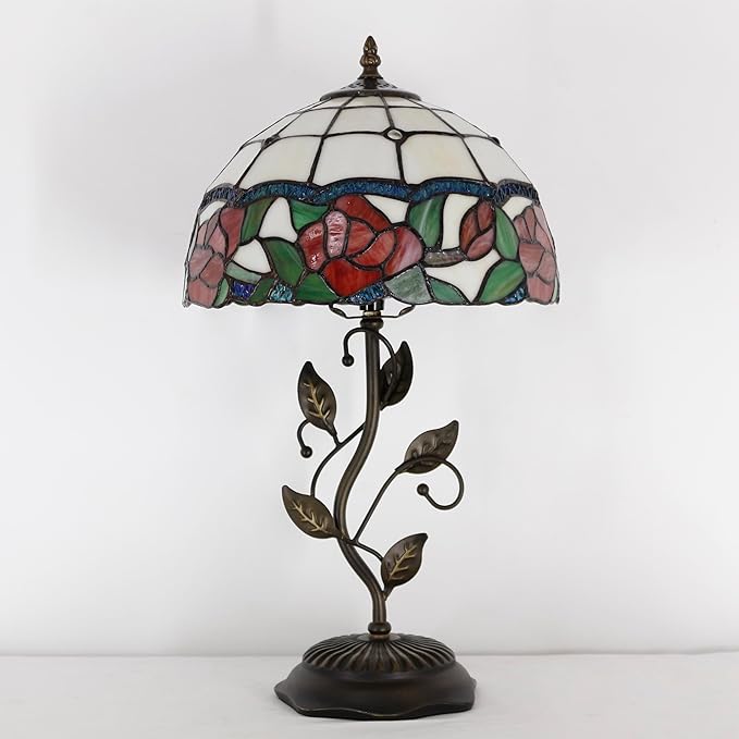 Tiffany Lamp Rose Flower Style Stained Glass Table Lamp Desk Bedside Reading Light 12X12X19 Inches with Metal Leaf Base Decor Bedroom Living Room