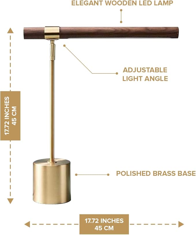 Modern Banker Slim Table Lamp - LED Desk Light - Wood Brass Lamp - Adjustable Table Lamp - Mid Century Desk Lamp for Home, Bedside, Office - Steampunk MCM Mid Modern Century