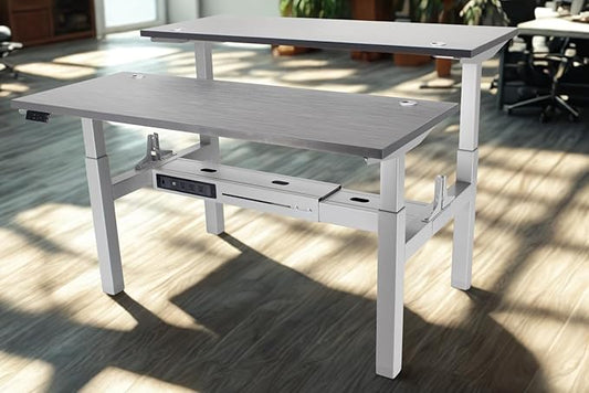 Lift It, 60"x24" Electric Double-Sided, Adjustable Height Standup Office Desk for Office or Home, Dual Motor, 4 Memory Digital Control with USB Charging, Charcoal Pattern Top, Silver Frame
