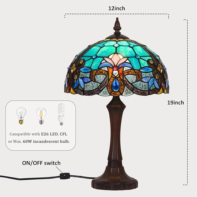 Tiffany Table Lamp,Green Stained Glass Table Light,Antique Style Medium Size Desk Lamp Vintage Bedside Reading Lamp for Living Room Bedroom Office