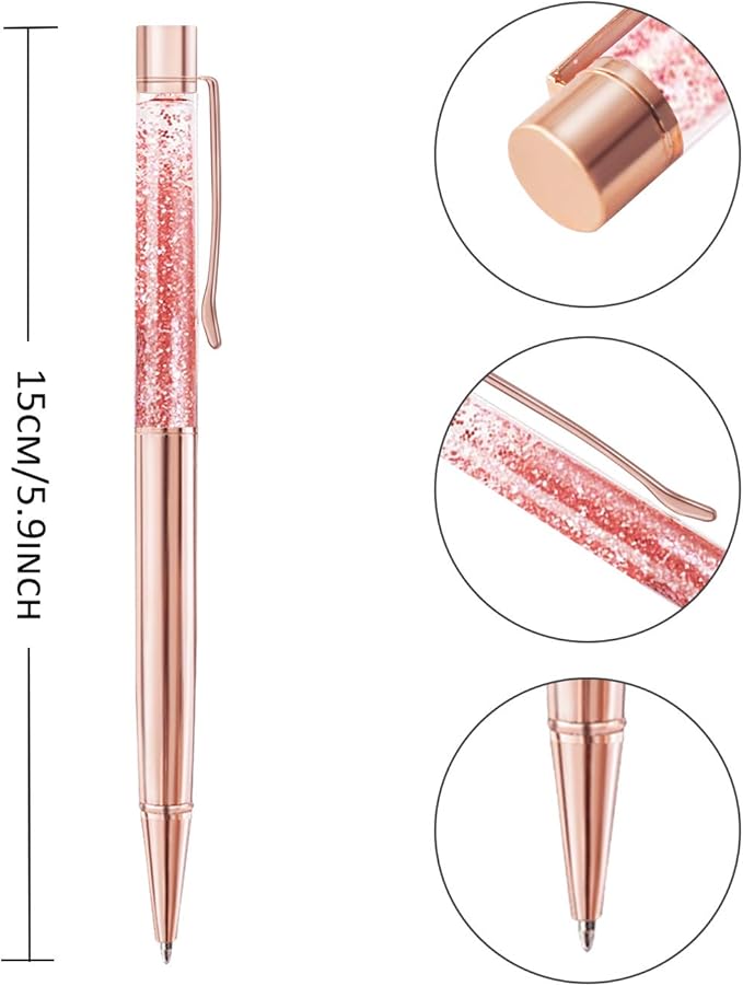 ZZTX 3 Pcs Rose Gold Ballpoint Pens Metal Pen Bling Dynamic Liquid Sand Pen Pretty Pens With Refills Black Ink Office Supplies Gift Pens For Christmas Wedding Birthday