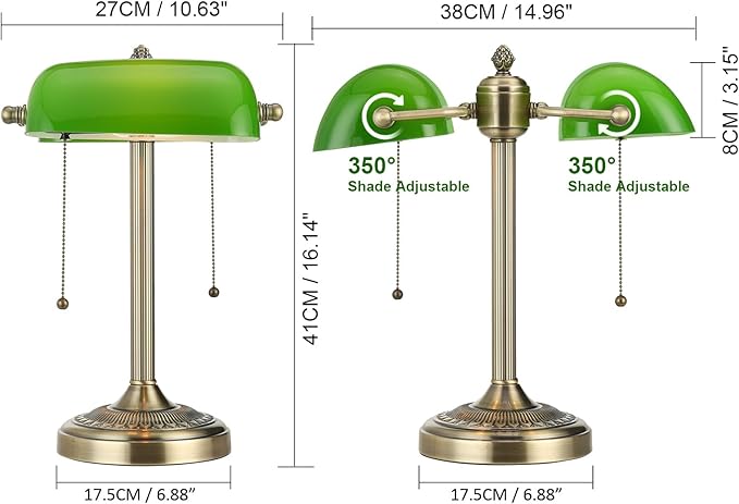 Newrays Glass Bankers Desk Lamp with Pull Chain Switch Plug in Fixture (Green-2L, Classic)