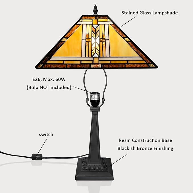 Tiffany Table Lamp,Mission Stained Glass Table Light,Antique Style Medium Size Desk Lamp Vintage Beside Reading Lamp for Living Room Bedroom Office