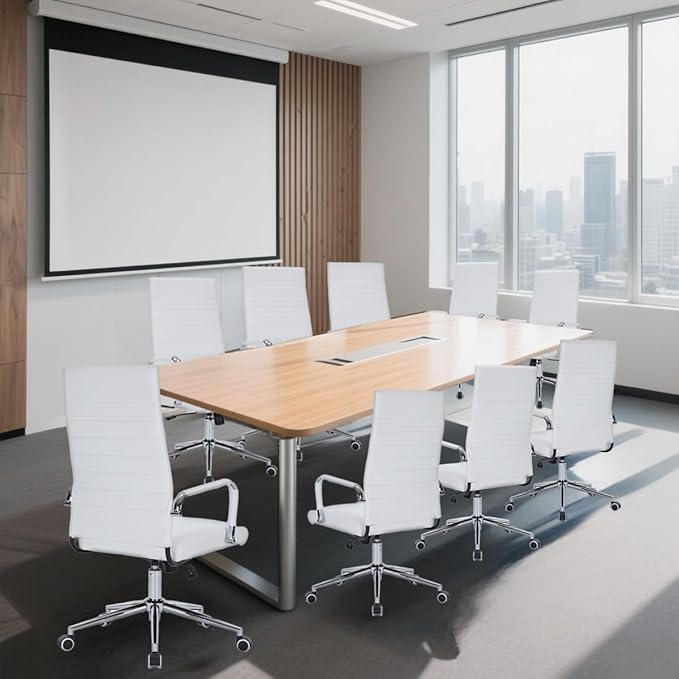 Modern High Back Office Desk Chair, PU Leather Ribbed Ergonomic Executive Conference Chair, Adjustable Swivel Task Chair with Arms, White