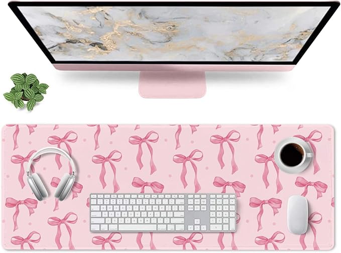 Large Mouse Pad, Pink Bow Desk Mat Gaming Mouse Pad 31.5 x 11.8in for Laptop Computer PC, Non-Slip Rubber Base Cute Bows Mousepad Office Accessories Desktop Decor Bow Coquette Mat for Girls