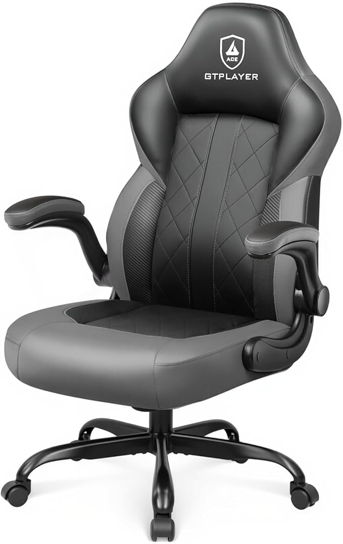 GTPLAYER Video Gaming Chair, Ergonomic Computer Gaming Chair with Flip-Up Armrests and Adjustable Height, Comfortable Desk Chairs with Built-in Lumbar Support, Recliner with 360°Swivel (Dark Gray)